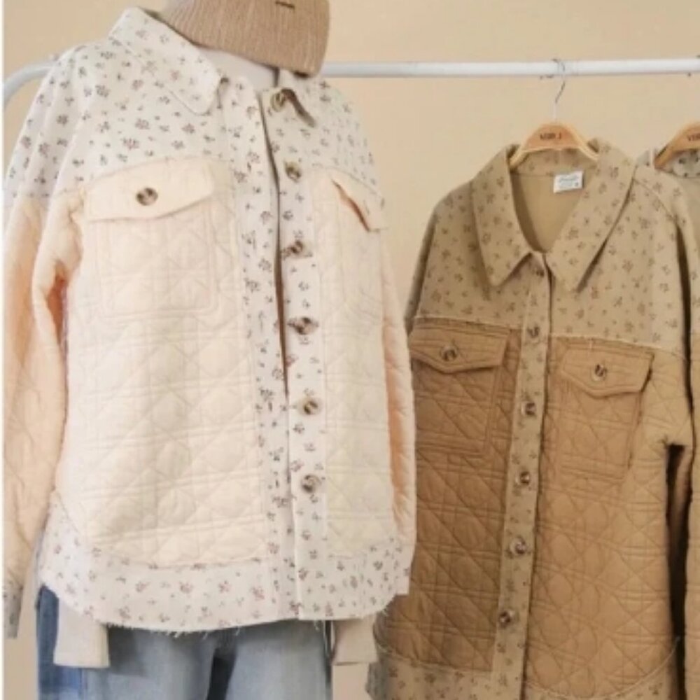 Cream Floral Trim Accent Quilted Long Sleeve Utility Jacket 1XL🆕⌚📦🏃💨🚚 - Picture 3 of 9